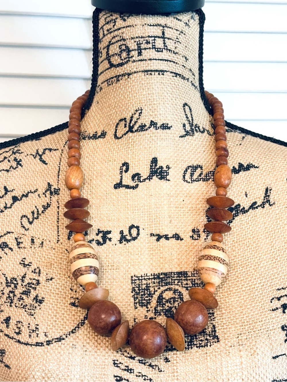 Vintage Artisan Handmade Wood Wooden Beaded Chunky Statement Necklace